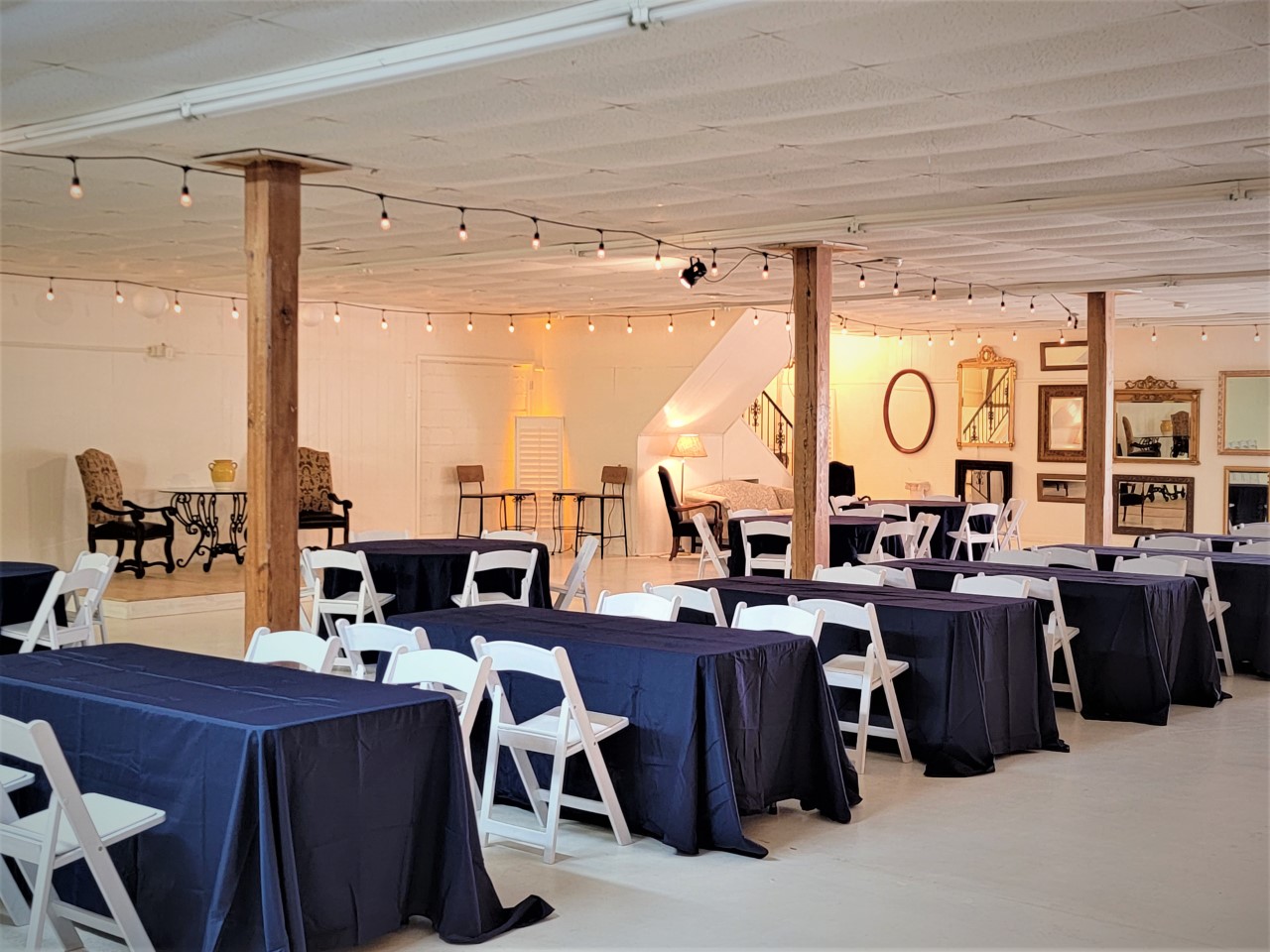 The Eclectic Ballroom with blue table cloth