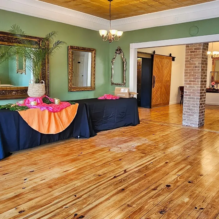 Elegant room with decorated table setup.
